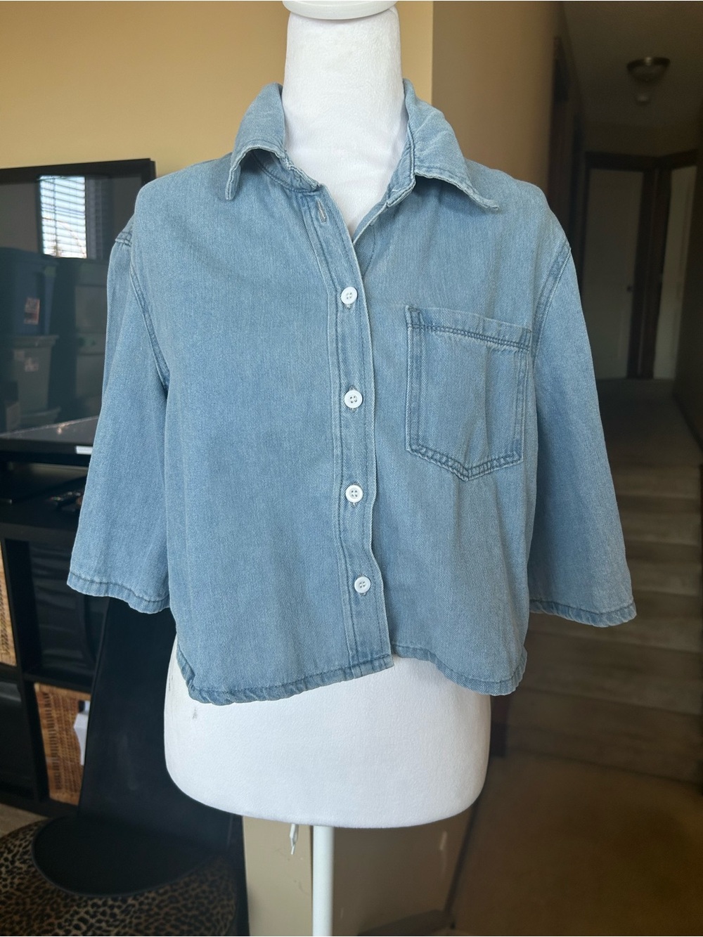 Light Blue Cropped 3/4 Bell sleeve Collared Denim Button-Up Shirt